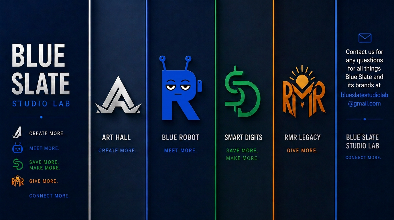 Blue Slate Studio Lab and its brands: Art Hall, Blue Robot, Smart Digits, and RMR Legacy